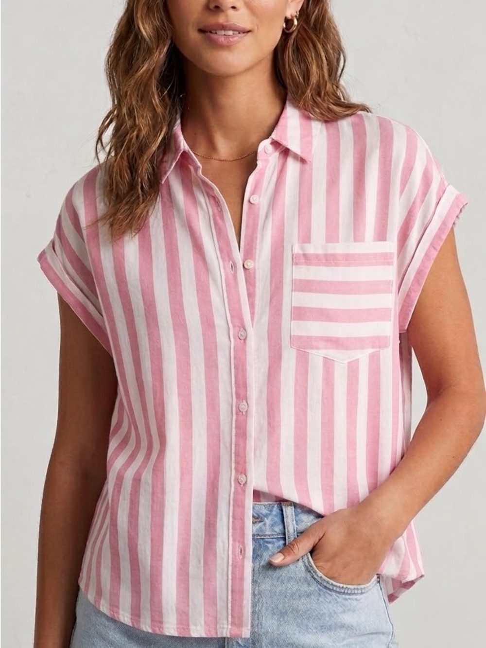 Alex and Jordan Pink and White Striped Button-Up Top Large